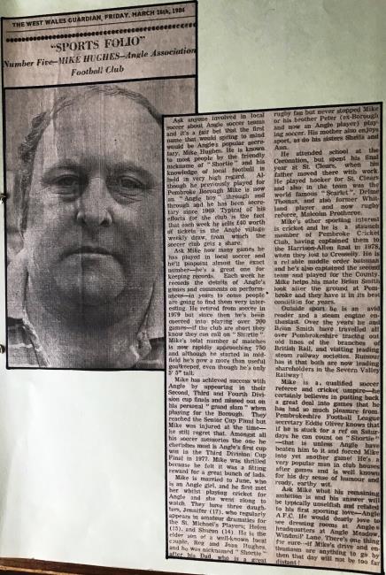The original Sports Folio featuring Mike Hughes published in West Wales Guardian in 1984